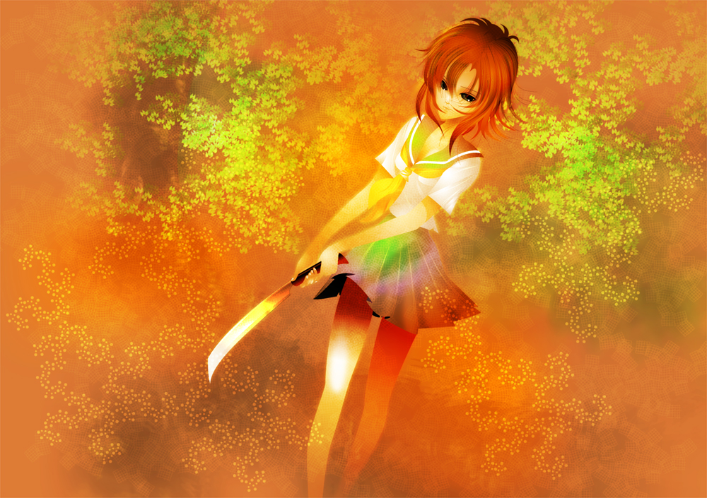 1girl cleaver female_focus hashitsuki_nata higurashi_no_naku_koro_ni light_smile looking_at_viewer nata_(tool) orange_hair plant ryuuguu_rena school_uniform serafuku short_hair solo tree uru_(pixiv1606516) walking weapon