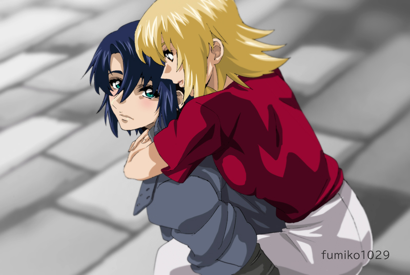 1boy 1girl artist_name athrun_zala blonde_hair blue_hair blush cagalli_yula_athha carrying carrying_person couple fumiko_(mesushi) green_eyes grey_jacket gundam gundam_seed gundam_seed_freedom jacket looking_at_another pants pavement piggyback red_shirt shirt short_hair white_pants yellow_eyes