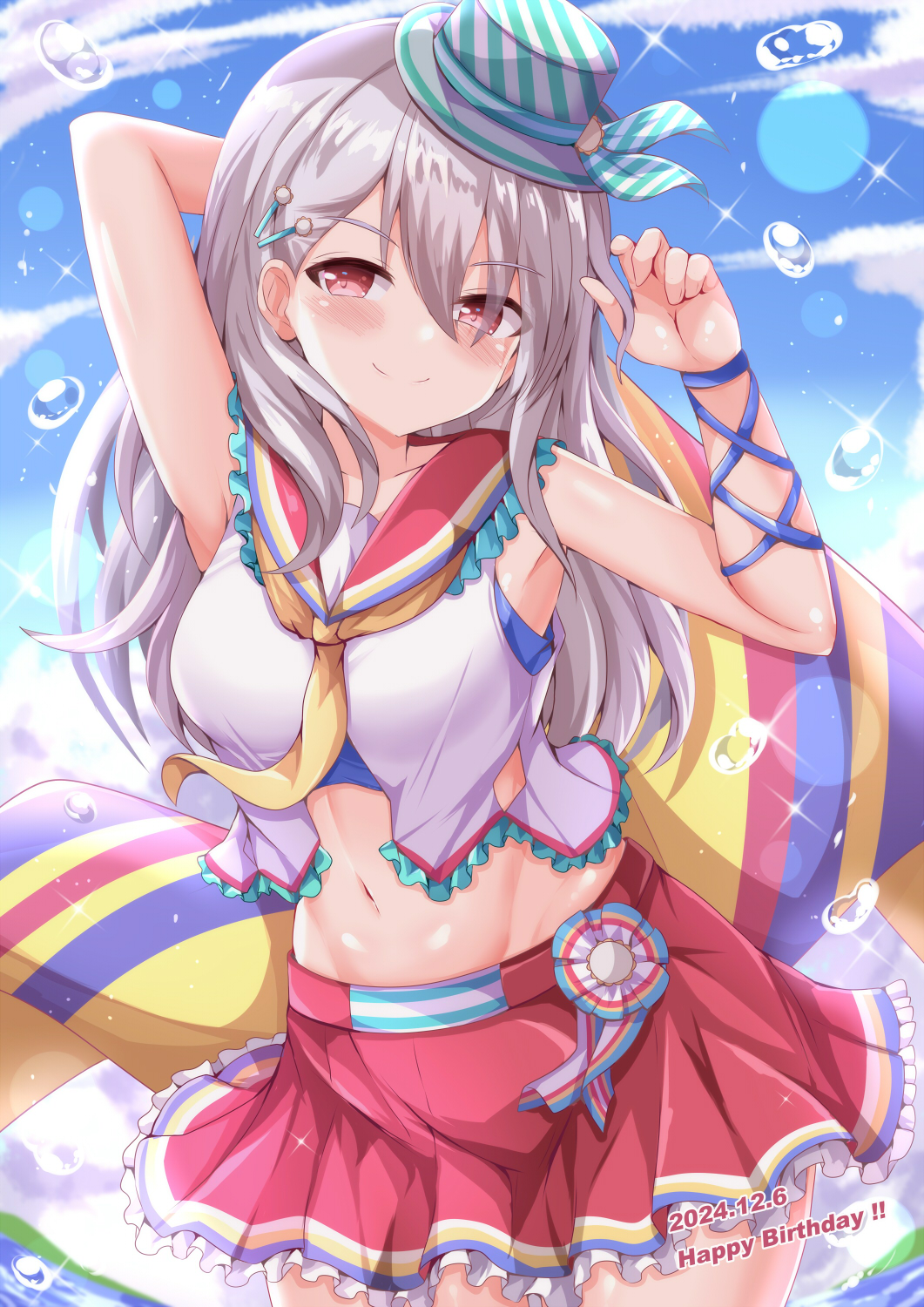 1girl arm_up birthday blue_sky breasts cloud commentary_request dated grey_hair hair_between_eyes happy_birthday hat highres long_hair looking_at_viewer medium_breasts mini_hat mini_top_hat navel ongeki purple_eyes red_skirt shirt sidelocks skirt sky smile solo standing sumeragi_setsuna top_hat water_drop white_shirt xenon_(for_achieve)