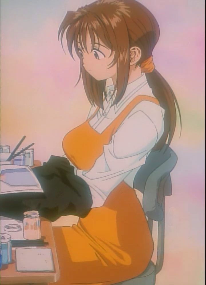 1990s_(style) 1girl anime_screenshot brown_hair chie_(golden_boy) female_focus golden_boy hair_ribbon kawamoto_toshihiro ponytail retro_artstyle ribbon sitting solo stitched third-party_edit