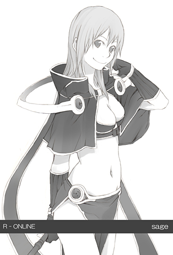 1girl bandeau breasts cleavage female_focus greyscale lowres monochrome pelvic_curtain ragnarok_online sage_(ragnarok_online) solo white_background yoshito