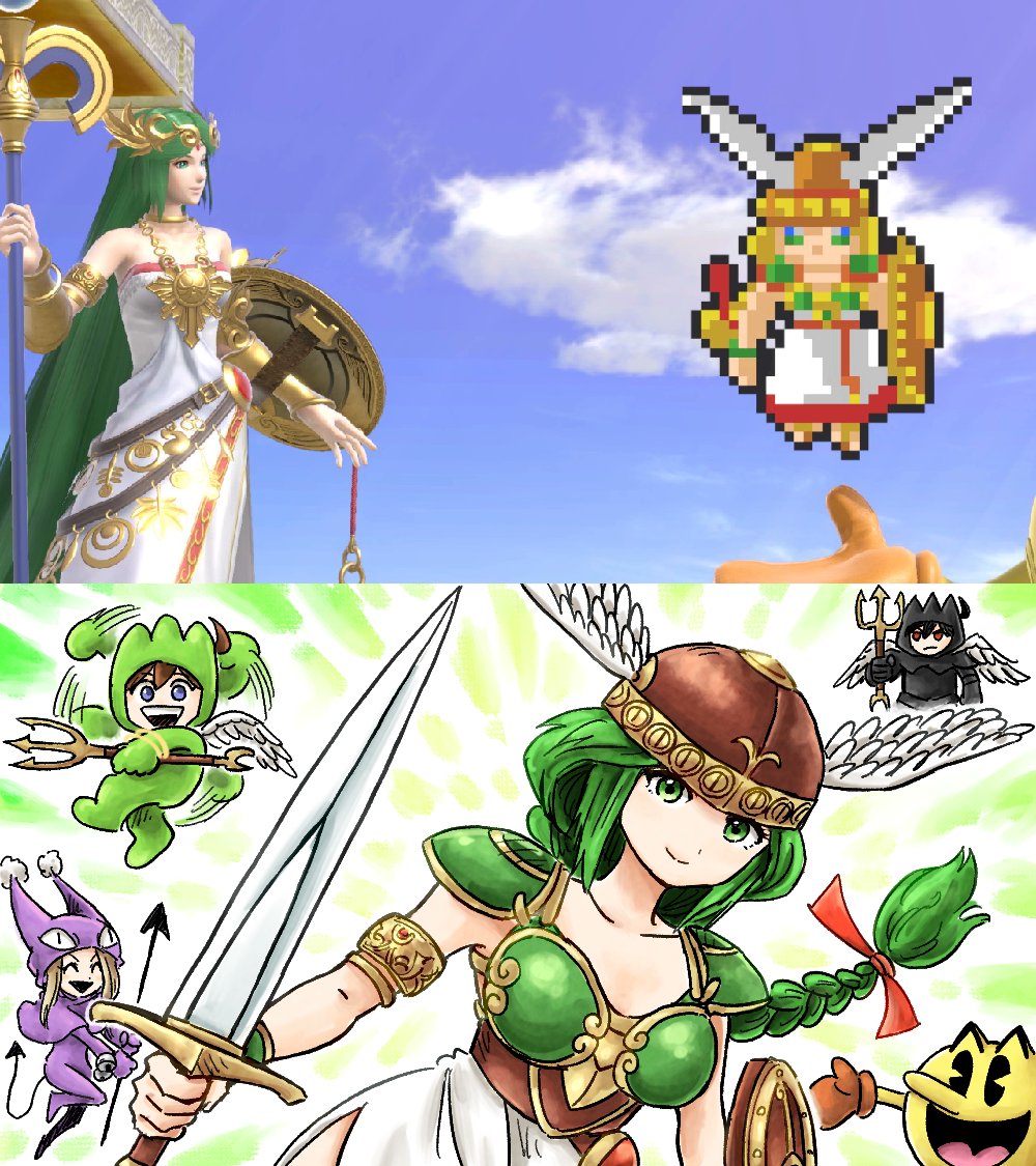 2girls 3boys ahoge angel angel_wings armor braid breastplate brown_gloves cosplay dark_pit demon_tail game_screenshot_inset gloves green_eyes green_hair helmet holding holding_sword holding_trident holding_weapon kicdon kid_icarus kid_icarus_uprising krino_sandra looking_at_viewer multiple_boys multiple_girls namco nintendo pac-man pac-man_(game) palutena pauldrons pit_(kid_icarus) sabine shield shoulder_armor super_smash_bros. sword tail valkyrie_(vnd) valkyrie_(vnd)_(cosplay) valkyrie_no_densetsu viridi weapon winged_helmet wings