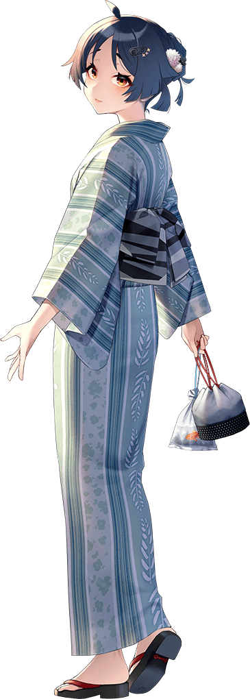 1girl akasaka_yuzu aqua_kimono bag bagged_fish black_hair brown_eyes fish full_body geta goldfish hair_ornament hairclip heian_maru_(kancolle) heian_maru_(yukata_mode)_(kancolle) japanese_clothes kantai_collection kimono kinchaku looking_at_viewer looking_back obi official_alternate_costume official_alternate_hairstyle official_art open_hand pouch sash short_hair smile solo striped_clothes striped_kimono transparent_background vertical-striped_clothes vertical-striped_kimono yukata