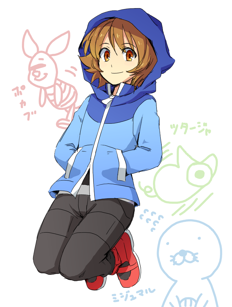 10s 1boy brown_eyes brown_hair creatures_(company) game_freak hand_in_pocket hanjuku_tomato hilbert_(pokemon) hood hoodie image_sample jumping male_focus nintendo pig pixiv_sample pokemon pokemon_bw short_hair smile solo winnie_the_pooh