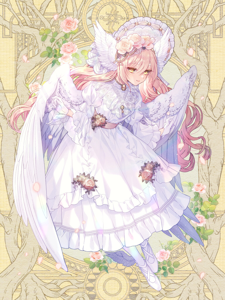 1girl angel_wings ballet_slippers brown_hair dairoku_ryouhei dress dress_flower flower full_body gloves hair_between_eyes hair_flower hair_ornament hat head_wings iris_petal long_hair shizuya_(szy_tw) standing very_long_hair white_dress white_footwear white_gloves white_hat white_wings winged_footwear wings yellow_background yellow_eyes