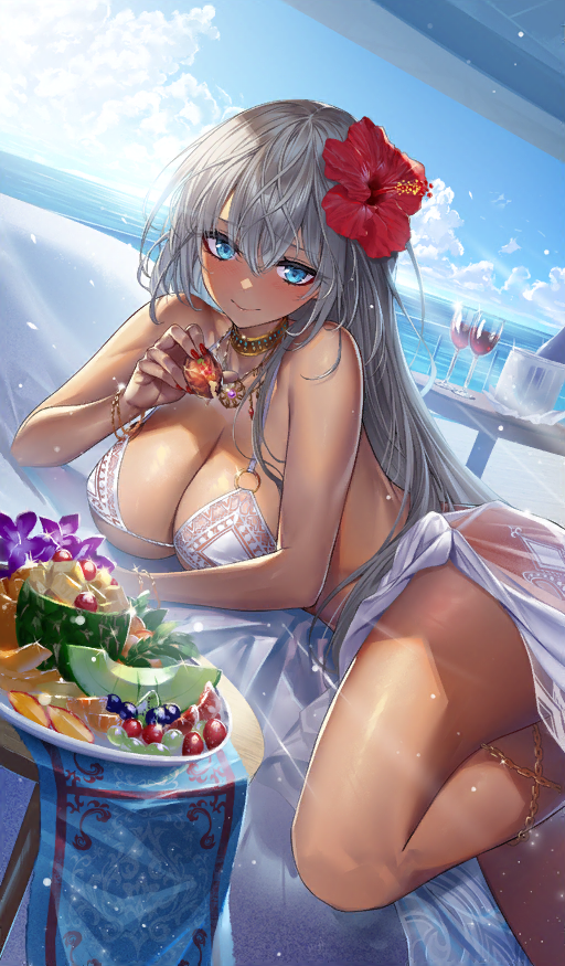 1girl bad_source bikini blue_eyes blue_sky bottle breasts cloud commentary craft_essence_(fate) cup dark-skinned_female dark_skin day drinking_glass fate/grand_order fate_(series) grey_hair heirou large_breasts long_hair looking_at_viewer ocean official_art red_wine sky solo swimsuit thighs wine wine_bottle wine_glass zenobia_(cruising_date)_(fate) zenobia_(fate)