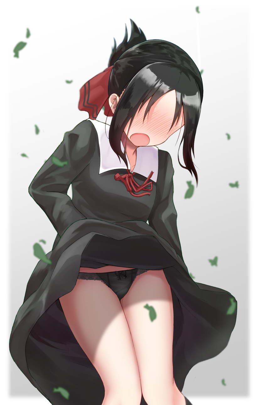 1girl :o black_dress black_hair black_legwear black_panties blush bow bow_panties clothes_lift collared_dress commentary_request dress dress_lift faceless faceless_female falling_leaves feet_out_of_frame folded_ponytail gradient_background grey_background hair_ribbon highres kaguya-sama_wa_kokurasetai_~tensai-tachi_no_renai_zunousen~ knees_together_feet_apart knees_up leaf lifting_own_clothes neck_ribbon nenosame nose_blush open_mouth panties parted_bangs red_ribbon ribbon school_uniform shinomiya_kaguya shuuchiin_academy_school_uniform solo underwear white_background