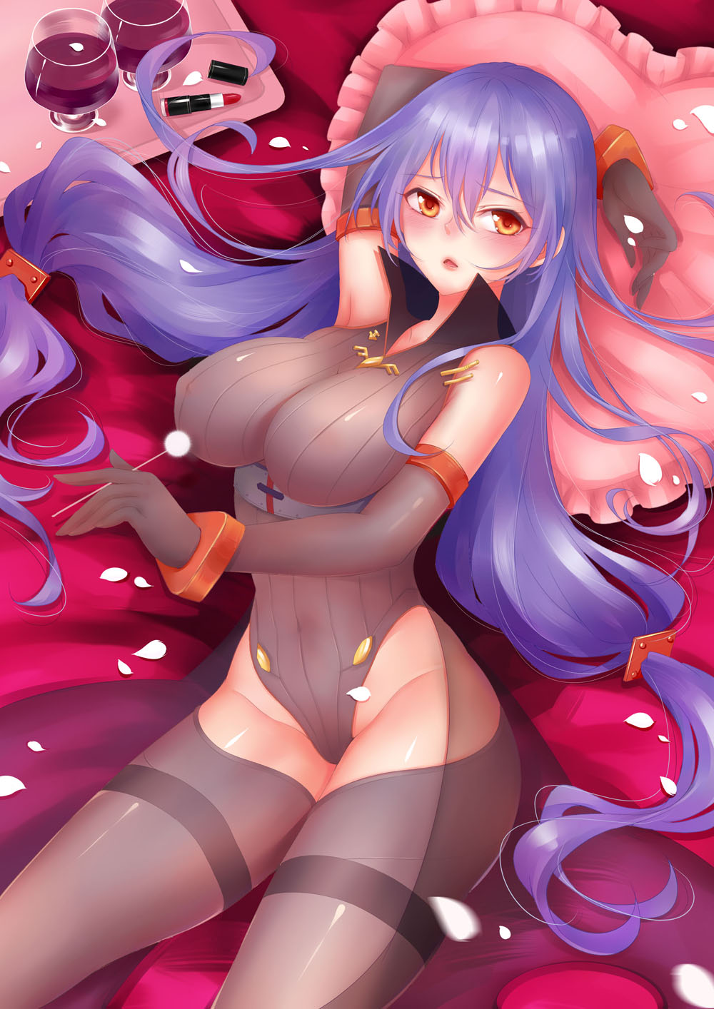 1girl _jing alcohol arm_behind_head bad_id bad_pixiv_id bare_shoulders blue_hair blush breasts covered_erect_nipples covered_navel cup drinking_glass elbow_gloves gloves hair_ornament heart heart-shaped_pillow helena_(warship_girls_r) highres jing_(artist) large_breasts leotard lipstick long_hair looking_at_viewer low_twintails lying makeup mimikaki on_back open_mouth orange_eyes petals pillow ribbed_leotard see-through_clothes solo thighhighs twintails very_long_hair warship_girls_r wine wine_glass