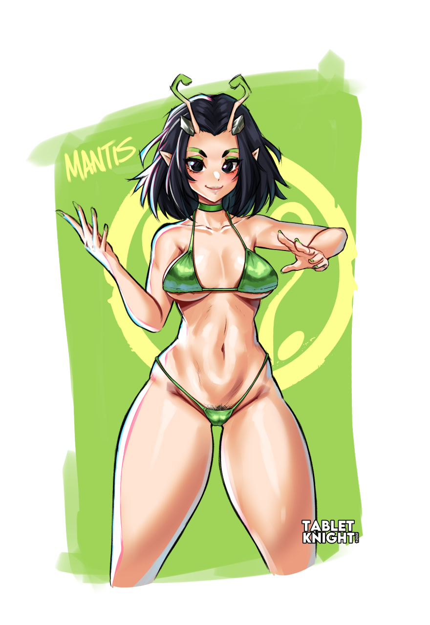 1girl alternate_costume antennae artist_name bikini black_eyes black_hair breasts choker green_bikini green_choker green_nails highres large_breasts looking_at_viewer mantis_(marvel) marvel marvel_rivals medium_hair navel pointy_ears solo swimsuit tabletknight