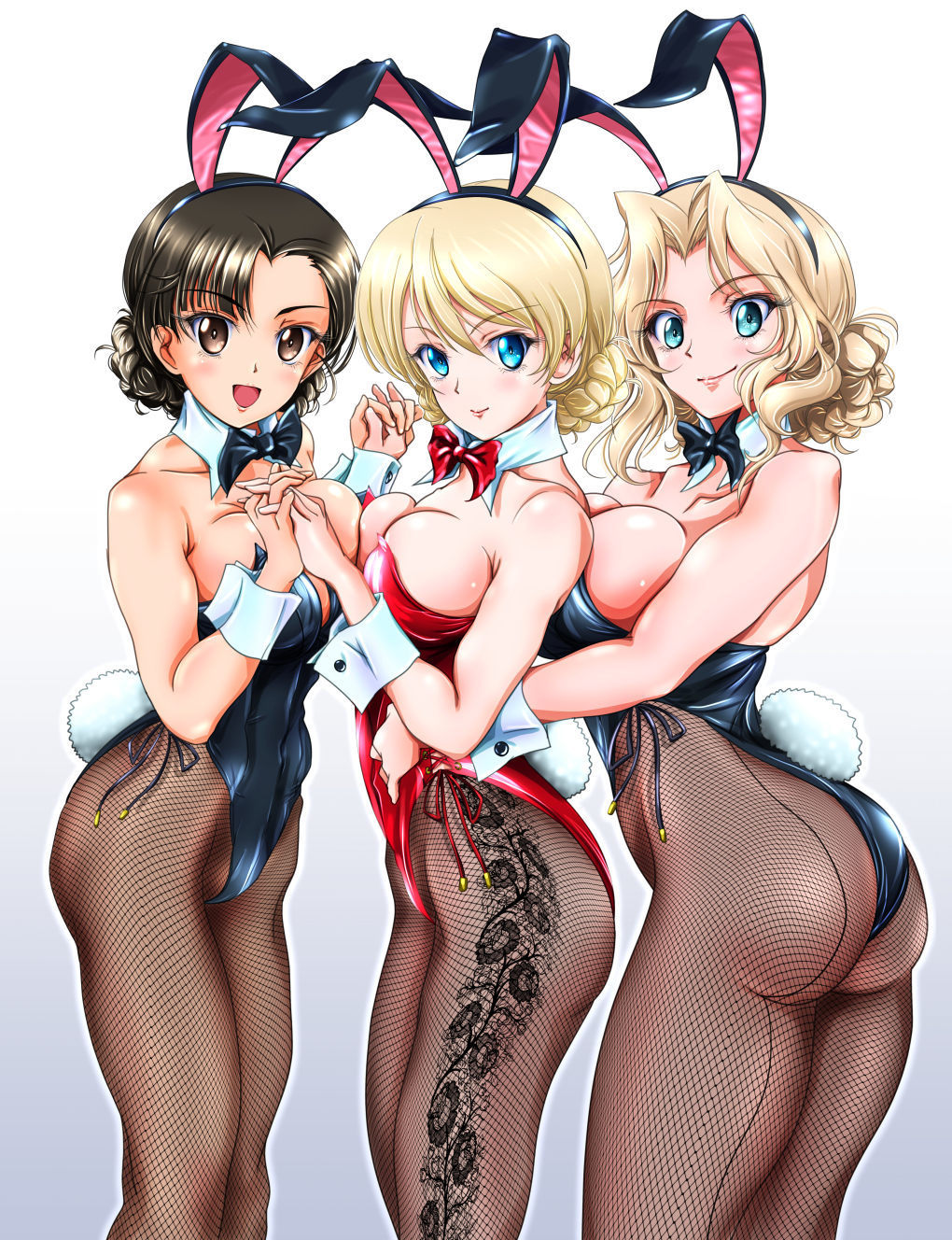 animal_ears ass asymmetrical_bangs asymmetrical_docking black_leotard black_neckwear blonde_hair blue_eyes bow bowtie braid breast_press breasts brown_eyes brown_hair brown_legwear cleavage cowboy_shot darjeeling_(girls_und_panzer) detached_collar fake_animal_ears fishnet_legwear fishnets girls_und_panzer hair_intakes highres holding_hands kay_(girls_und_panzer) large_breasts leotard long_hair nishi_kinuyo pantyhose playboy_bunny rabbit_ears rabbit_tail red_leotard red_neckwear short_hair simple_background strapless strapless_leotard tail tomokoji twin_braids white_background wrist_cuffs