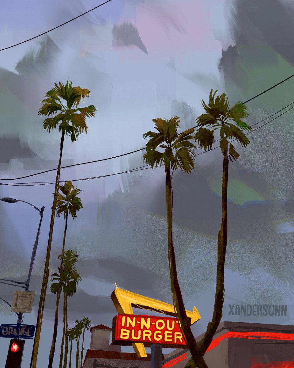 building cloud commentary dark_clouds english_commentary highres in-n-out_burger lamppost neon_sign no_humans outdoors painting_(medium) palm_tree power_lines red_light road_sign scenery sign sky storm traditional_media traffic_light tree twitter_username xandersonn