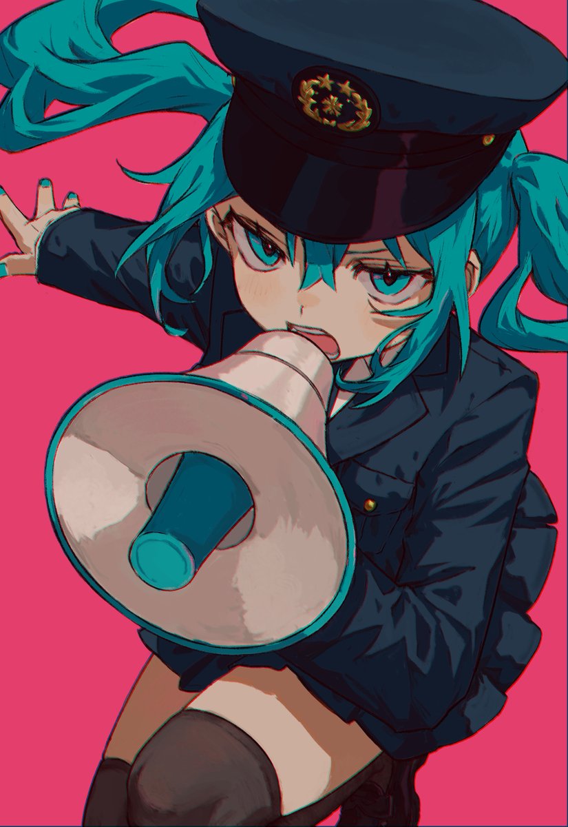 1girl :o aqua_eyes aqua_hair aqua_nails black_footwear black_thighhighs blue_hat blue_jacket blue_necktie blue_skirt breast_pocket commentary dress_shirt emblem eyelashes floating_hair foot_up hair_between_eyes hashtag-only_commentary hat hatsune_miku highres holding holding_megaphone jacket japan_national_police jitome knee_up long_hair long_sleeves looking_at_viewer megaphone nail_polish necktie open_mouth peaked_cap pink_background pleated_skirt pocket police police_uniform running shirt shouting sidelocks skirt solo symbol-only_commentary thighhighs tomoja_rs twintails upturned_eyes vocaloid white_shirt