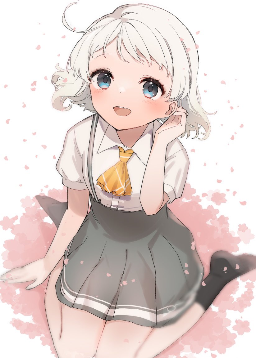 1girl ascot black_socks blue_eyes blush collared_shirt grey_hair grey_skirt kantai_collection looking_at_viewer natsugumo_(kancolle) one-hour_drawing_challenge open_mouth orange_ascot pleated_skirt shirt short_hair short_sleeves skirt smile socks solo suspender_skirt suspenders white_shirt yamashichi_(mtseven)