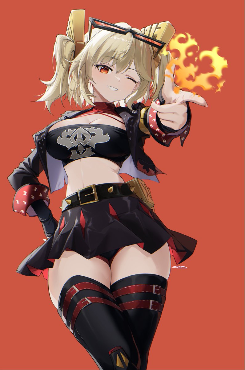 1girl bandeau belt black_belt black_skirt black_thighhighs blonde_hair breasts burnice_white cleavage commentary cowboy_shot eyewear_on_head fire grin highres large_breasts looking_at_viewer midriff miniskirt one_eye_closed pleated_skirt pointing pointing_at_viewer red_background red_eyes short_hair simple_background skirt smile solo standing steeb stomach strapless sunglasses thighhighs thighs tube_top two_side_up zenless_zone_zero