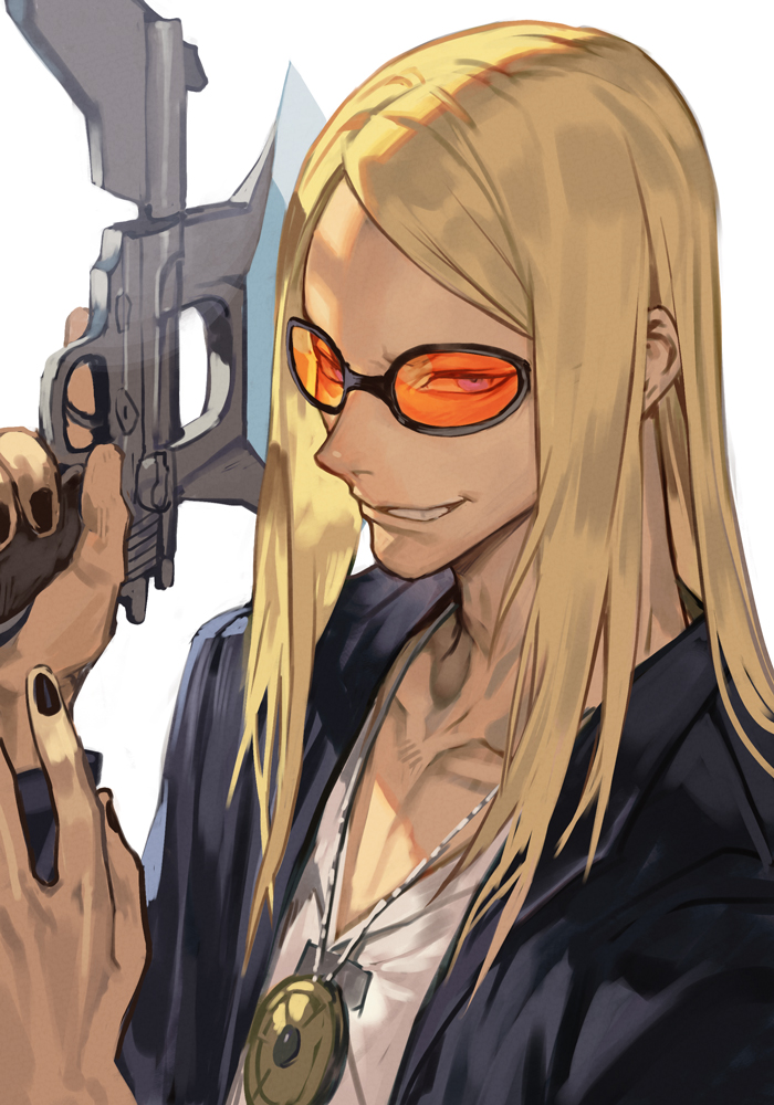 1boy arms_up black-framed_eyewear black_nails black_shirt blonde_hair collarbone collared_shirt eyes_visible_through_eyewear fate/grand_order fate_(series) grin gun hair_behind_ear holding holding_gun holding_weapon hungry_clicker jewelry long_hair looking_to_the_side male_focus nail_polish necklace open_clothes open_shirt orange-tinted_eyewear shirt sideways_glance simple_background smile solo teeth tezcatlipoca_(fate) tinted_eyewear upper_body v-neck weapon white_background white_shirt