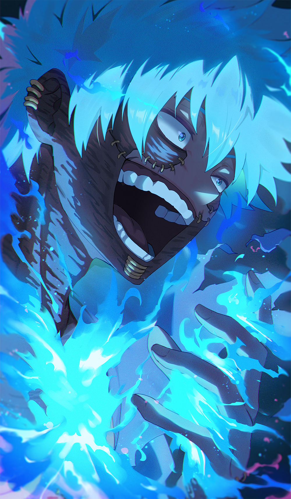 1boy blue_eyes blue_fire boku_no_hero_academia burn_scar chin_piercing dabi_(boku_no_hero_academia) ear_piercing fire highres male_focus matsumotoshinnnosuke open_mouth piercing scar scar_on_face short_hair solo teeth todoroki_touya white_hair