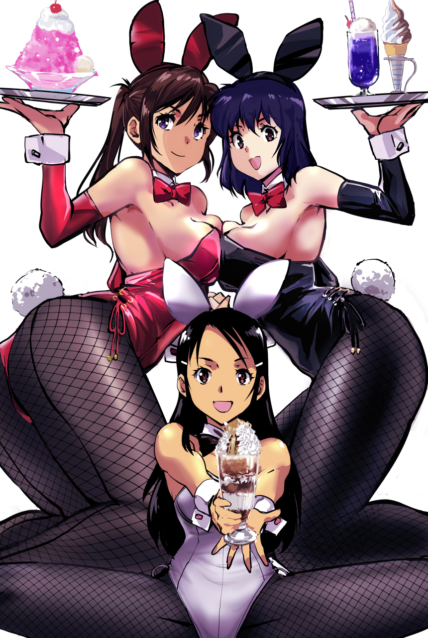 3girls animal_ears black_hair black_leotard bow bowtie breast_press breasts brown_eyes brown_hair cleavage dark-skinned_female dark_skin detached_collar detached_sleeves fake_animal_ears fishnet_pantyhose fishnets food glass highleg highleg_leotard highres ice_cream ice_cream_cone kamisimo_90 kneeling large_breasts leotard looking_at_viewer multiple_girls open_mouth original pantyhose playboy_bunny ponytail purple_eyes purple_hair rabbit_ears rabbit_tail red_eyes red_leotard shaved_ice smile spread_legs strapless strapless_leotard symmetrical_docking tail tray white_background white_leotard wrist_cuffs yuri