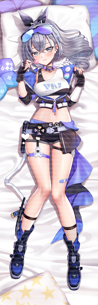 1girl ankle_boots bandaid bandaid_on_leg bed_sheet black_choker black_gloves black_shorts blush boots breasts candy choker crop_top dakimakura_(medium) drill_hair drill_ponytail fingerless_gloves fishnet_socks fishnets food full_body fur-trimmed_jacket fur_trim gloves grey_eyes grey_hair hair_between_eyes honkai:_star_rail honkai_(series) jacket jg&amp;solin lollipop long_hair looking_at_viewer lying medium_breasts midriff navel on_back open_clothes open_jacket shirt short_shorts shorts silver_wolf_(honkai:_star_rail) single-shoulder_shirt socks thigh_strap white_shirt