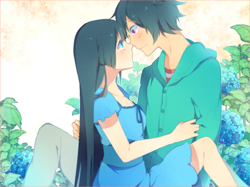 10s 1boy 1girl bad_id bad_pixiv_id black_hair blue_eyes blush casual couple dress face-to-face flower furuya_chihiro grey_hair hetero hood hoodie hydrangea long_hair pmn_(tdrp) purple_eyes sanka_rea sankarea short_hair