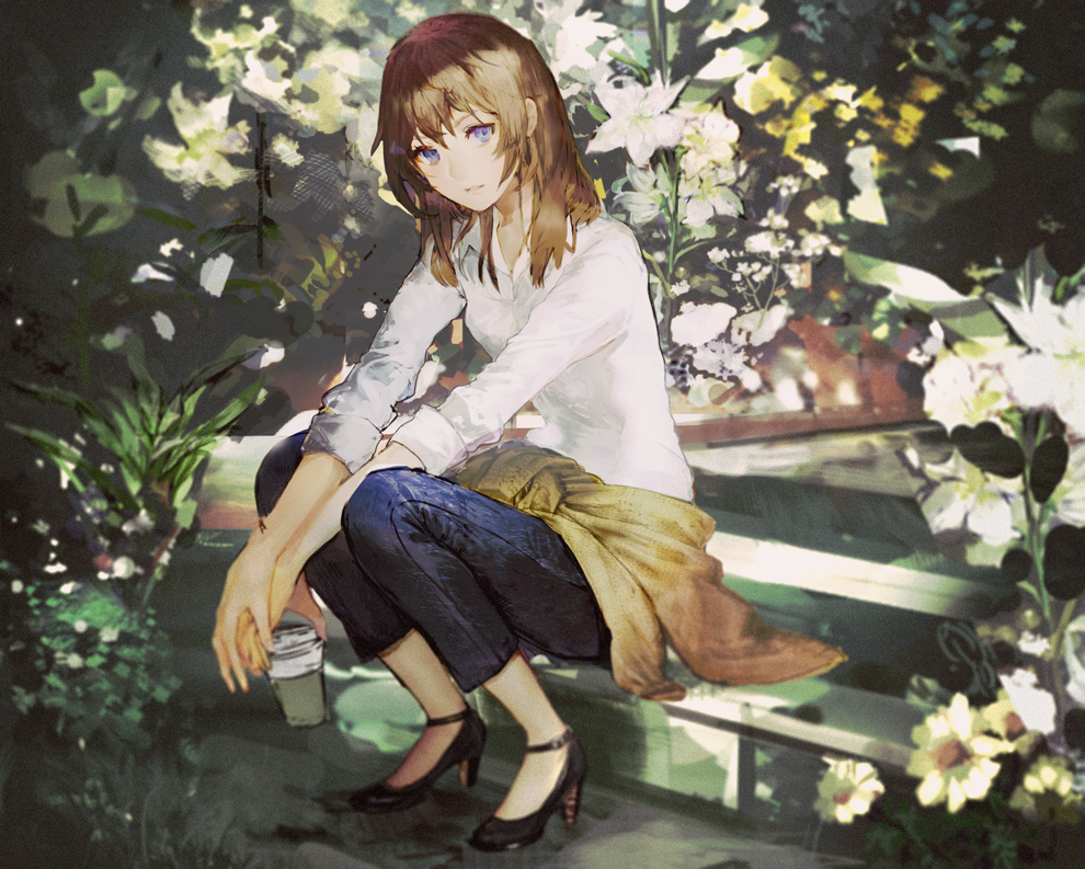 1girl black_footwear blue_eyes blue_pants brown_hair capri_pants chibi_(shimon) clothes_around_waist collared_shirt commentary cup denim disposable_coffee_cup disposable_cup flower full_body high_heels holding holding_cup light_smile lily_(flower) long_hair long_sleeves looking_at_viewer original pants parted_lips plant shirt sitting sleeves_rolled_up solo strappy_heels white_flower white_shirt wing_collar