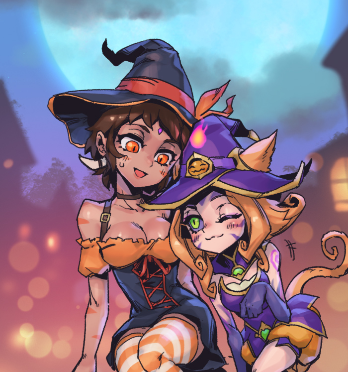 2girls bare_shoulders bewitching_neeko bewitching_nidalee black_choker black_dress black_headwear black_sclera blonde_hair blush breasts brown_hair choker cleavage collarbone colored_sclera dress facial_mark hand_up hat house large_breasts league_of_legends moon multiple_girls neeko_(league_of_legends) nidalee night official_alternate_costume one_eye_closed orange_eyes orange_thighhighs outdoors phantom_ix_row pumpkin shiny_skin short_hair sitting smile striped_clothes striped_thighhighs sweatdrop thighhighs white_thighhighs witch_hat yellow_eyes yuri