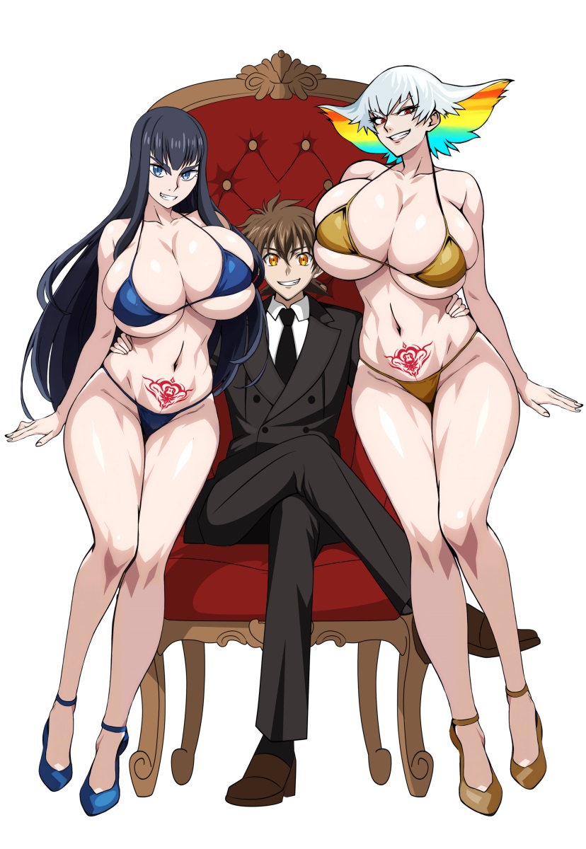 1boy 2girls alternate_breast_size bikini black_hair blue_bikini blue_eyes blue_footwear breasts brown_hair chair cleavage crossover evil_smile gold_bikini gold_footwear grin hair_between_eyes high_heels high_school_dxd highres hyoudou_issei kill_la_kill kiryuuin_ragyou kiryuuin_satsuki large_breasts long_hair mature_female mother_and_daughter multicolored_hair multiple_girls navel pimp pubic_tattoo rainbow_hair short_hair sitting skindentation smile stomach_tattoo swimsuit tattoo thick_eyebrows thighhighs underboob very_long_hair white_hair yxyyxy