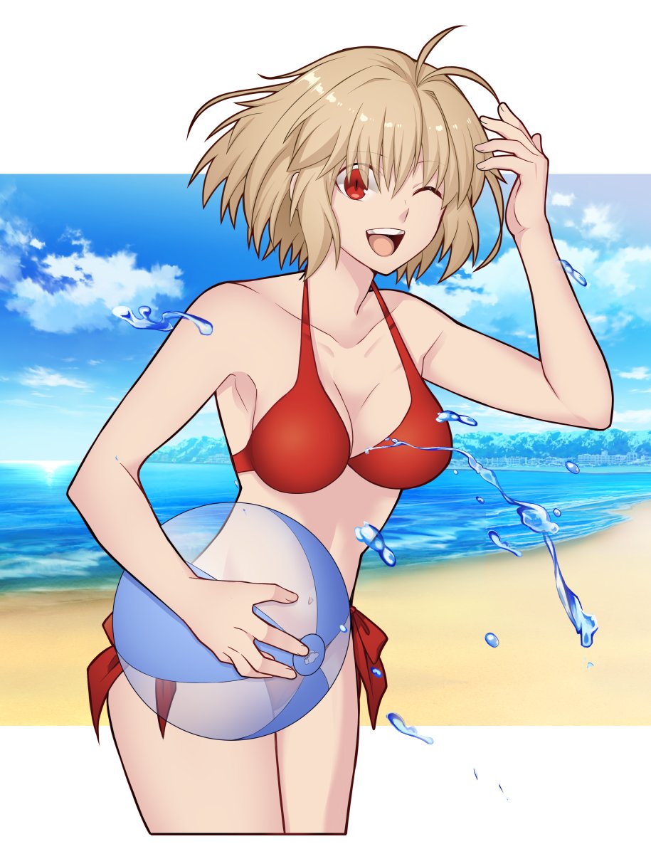 1girl :d ;d ahoge antenna_hair arcueid_brunestud ball beach beachball bikini blonde_hair blue_sky breasts cleavage cloud collarbone commentary cropped_legs day hair_between_eyes halterneck highres hirakawa holding holding_ball holding_beachball large_breasts letterboxed looking_at_viewer navel ocean one_eye_closed open_mouth outdoors outside_border red_bikini red_eyes short_hair side-tie_bikini_bottom sky smile solo standing swimsuit teeth tongue tsukihime upper_teeth_only water