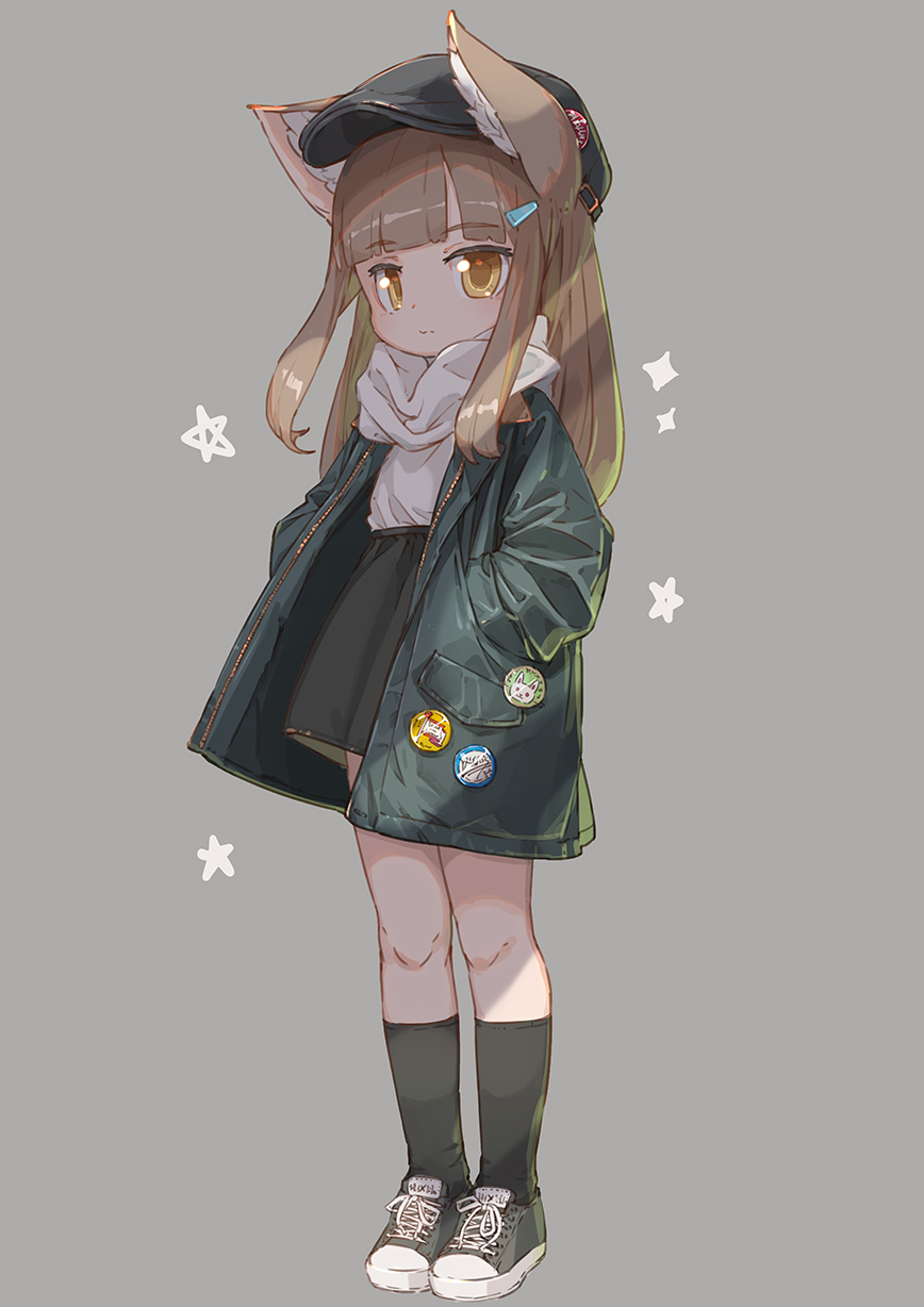 1girl animal_ear_fluff animal_ears badge black_skirt blue_hat blue_jacket blunt_bangs brown_hair button_badge flat_cap full_body green_shoes green_socks grey_background hair_ornament hairclip hands_in_pockets hat high-waist_skirt highres ikpde jacket long_hair long_sleeves open_clothes open_jacket original scarf shirt shirt_tucked_in shoes sidelocks skirt sneakers socks solo standing white_scarf white_shirt