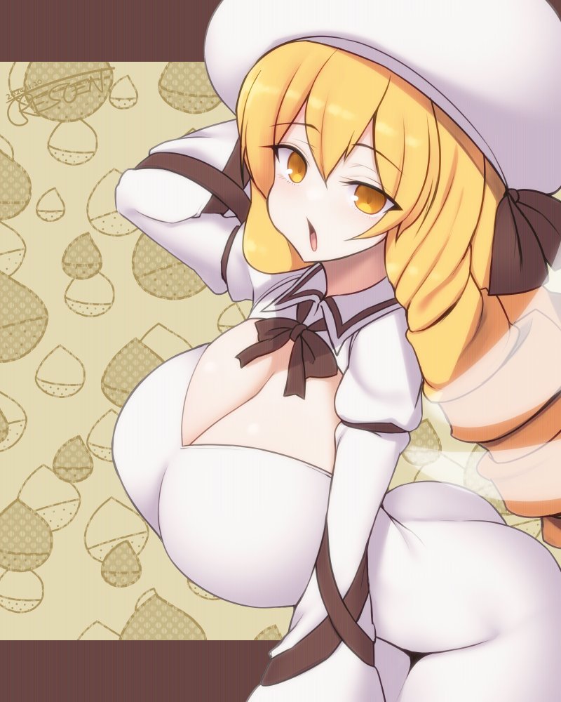 1girl aged_up blonde_hair breasts cleavage dress fairy_wings hat kuresento large_breasts looking_at_viewer luna_child solo touhou white_dress white_hat wings yellow_eyes