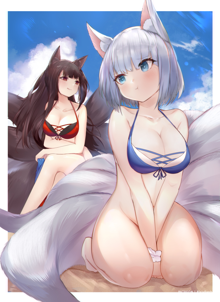 2girls :q :t akagi_(azur_lane) akagi_(paradise_amaryllis)_(azur_lane) animal_ears azur_lane bare_shoulders between_legs bikini blue_bikini blue_eyes blue_sky blush bottomless breasts brown_hair cleavage cloud cloudy_sky covering_crotch covering_privates crossed_legs day embarrassed female_pervert fox_ears fox_girl fox_tail groin hand_between_legs holding holding_unworn_clothes holding_swimsuit holding_unworn_clothes kaga_(azur_lane) kaga_(everlasting_killing_stone)_(azur_lane) kitsune large_breasts long_hair looking_at_another looking_at_viewer looking_back medium_hair mujinbensin multiple_girls multiple_tails navel outdoors pervert pout red_bikini red_eyes revision seiza sitting sky smile swimsuit tail thighs tongue tongue_out unworn_bikini_bottom very_long_hair white_hair yuri