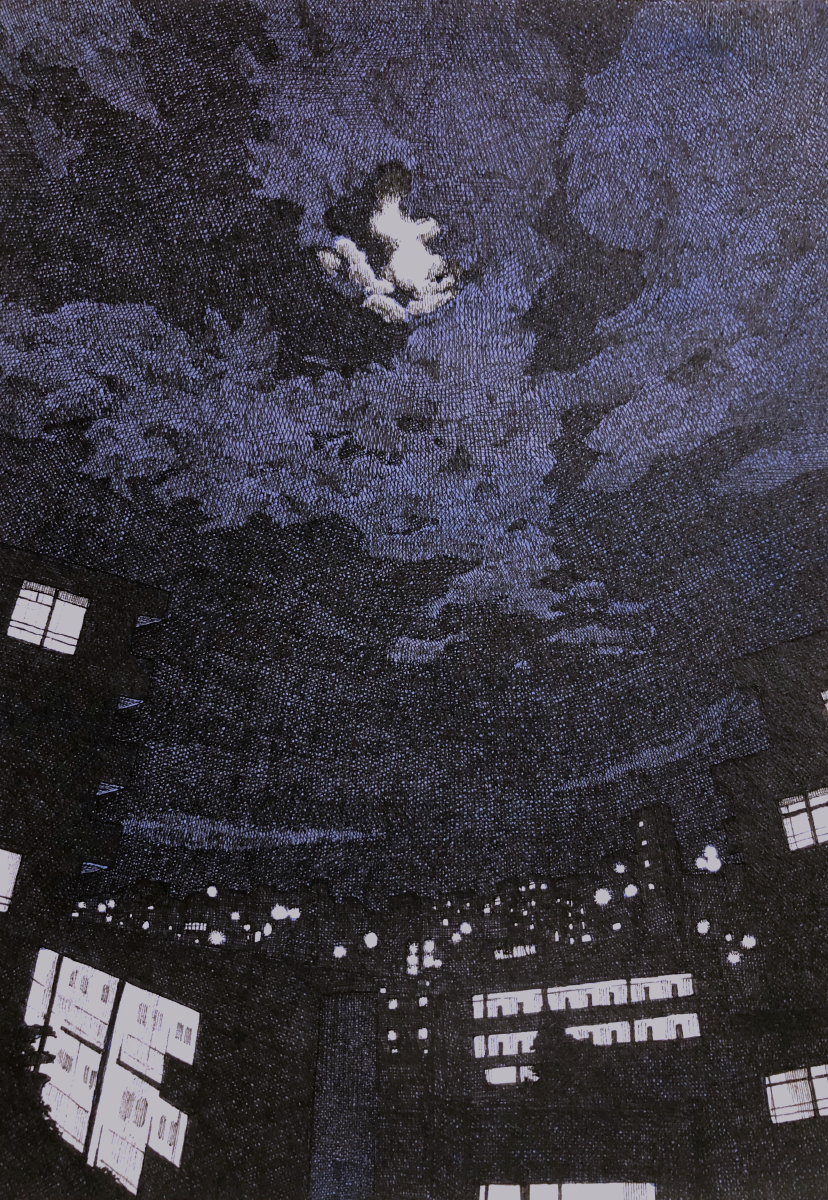 apartment blue_sky building cloud cloudy_sky dark from_below highres ibsukionsen moonlight night night_sky no_humans original painting_(medium) scenery shadow sky sky_focus traditional_media