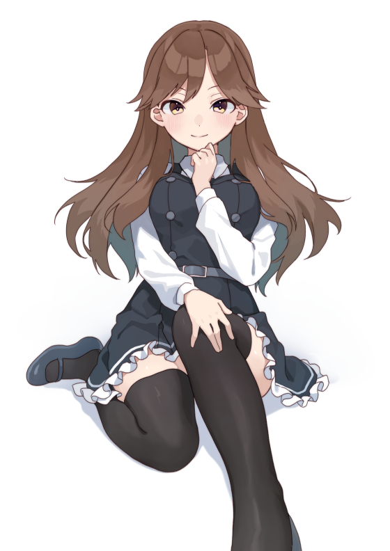 1girl arashio_(kancolle) arashio_kai_ni_(kancolle) black_dress black_thighhighs blush breasts brown_eyes brown_hair cowboy_shot dress frilled_dress frills kantai_collection long_hair long_sleeves looking_at_viewer medium_breasts mitsuyo_(mituyo324) pinafore_dress school_uniform shirt simple_background sleeveless sleeveless_dress smile solo thighhighs white_background white_shirt