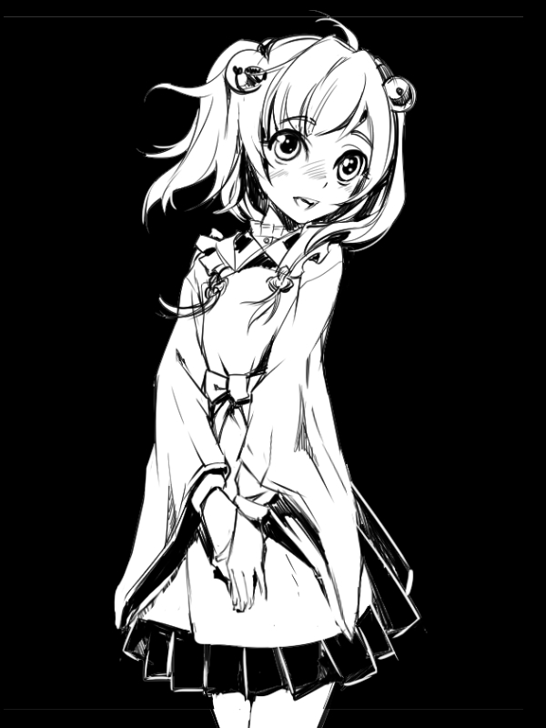 1girl ahoge apron bell cowboy_shot drawfag greyscale japanese_clothes jingle_bell kimono looking_at_viewer monochrome motoori_kosuzu open_mouth own_hands_together short_hair third-party_source touhou twintails wide_sleeves