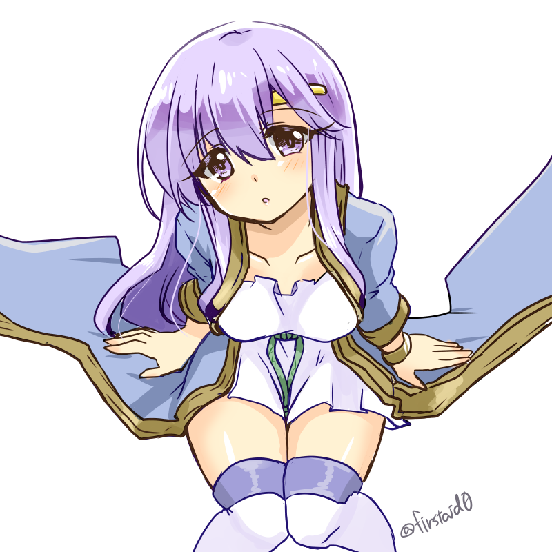 1girl alternate_costume breasts circlet fire_emblem fire_emblem:_genealogy_of_the_holy_war julia_(fire_emblem) long_hair looking_at_viewer looking_up nintendo open_mouth purple_eyes purple_hair simple_background sitting solo thighhighs thighs yukia_(firstaid0)