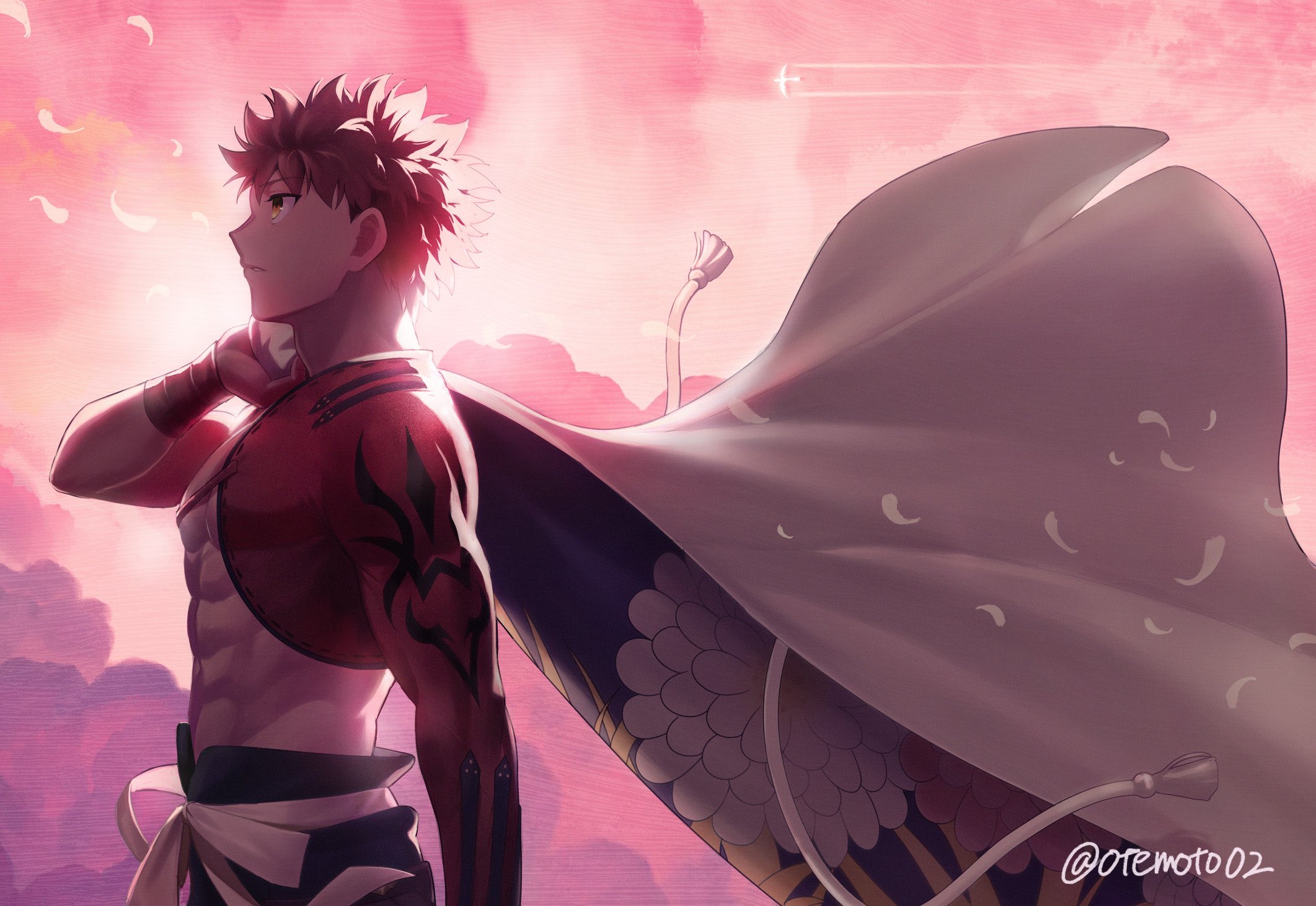 moto (otemoto02), emiya shirou, senji muramasa (fate), fate/grand order,  fate (series), highres, 1boy, bird, cloud, feathers, from side, igote,  light, parted lips, red hair, tassel, toned, toned male, twitter username,  upper body