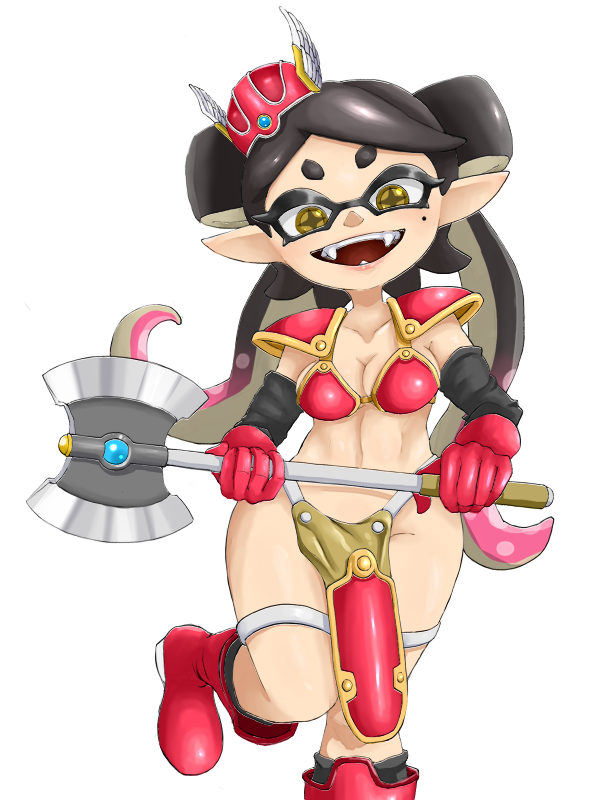 1girl armor axe battle_axe bikini_armor boots breasts callie_(splatoon) cleavage commentary_request cosplay dragon_quest dragon_quest_iii holding holding_axe holding_weapon inkling looking_at_viewer nintendo open_mouth sheoknight soldier_(dq3) soldier_(dq3)_(cosplay) solo splatoon_(series) weapon