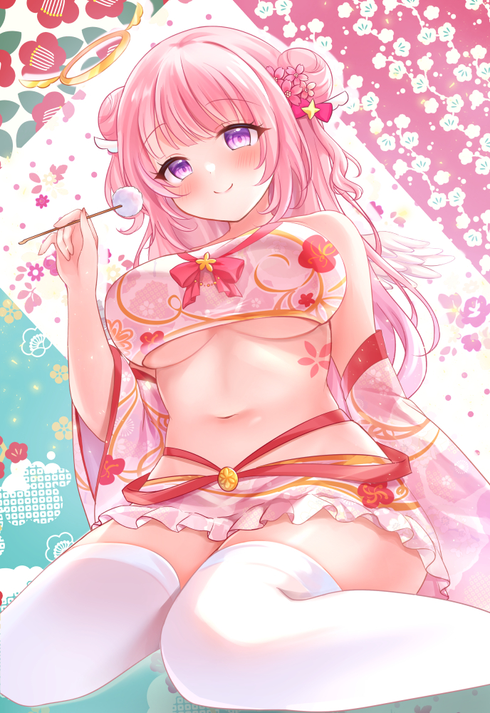 1girl blush breasts closed_mouth commentary_request commission double_bun flower hair_bun hair_flower hair_ornament halo holding indie_virtual_youtuber large_breasts long_hair looking_at_viewer mashiro_mayu mimikaki navel nikoo pink_eyes pink_hair pink_shirt pink_sleeves pixiv_commission shirt smile solo stomach thighhighs thighs underboob virtual_youtuber white_thighhighs