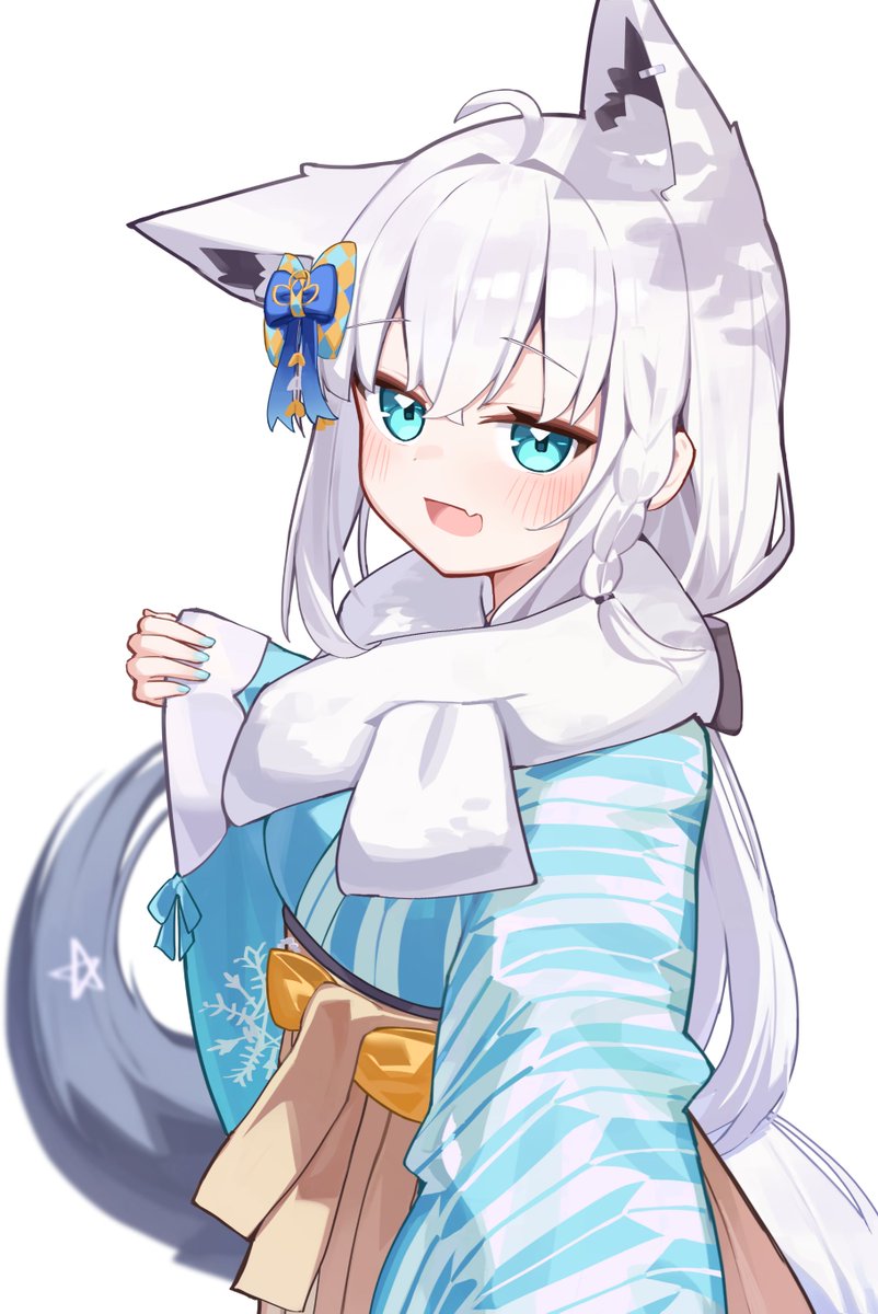 1girl :d ahoge animal_ear_fluff animal_ears aqua_nails blue_bow blue_eyes blue_kimono blush bow braid commentary_request crossed_bangs deaver fang fox_ears fox_girl fox_tail from_side grey_hair hair_between_eyes hair_bow highres hololive japanese_clothes kimono long_hair looking_at_viewer nail_polish obi open_mouth sash scarf selfie shirakami_fubuki side_braid sidelocks simple_background skin_fang smile snowflake_print solo striped_clothes striped_kimono tail upper_body very_long_hair virtual_youtuber white_background white_scarf