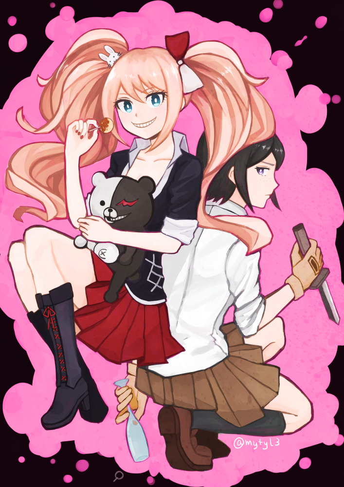 2girls black_hair black_shirt blonde_hair blood blood_splatter blue_eyes boots bow brown_skirt rabbit_hair_ornament calf_boots calf_socks collarbone collared_shirt combat_knife cup danganronpa_(series) danganronpa_3_(anime) drinking_glass enoshima_junko fingernails food freckles full_body gloves hair_ornament hand_up holding holding_cup holding_knife ikusaba_mukuro knife looking_at_another looking_at_viewer monokuma multiple_girls mytyl3 nail_polish pink_blood pleated_skirt purple_eyes red_nails red_skirt shirt siblings simple_background sisters sitting sitting_on_person skirt smile squatting takoyaki toothy_grin twins twintails weapon white_shirt wine_glass woman_soldier