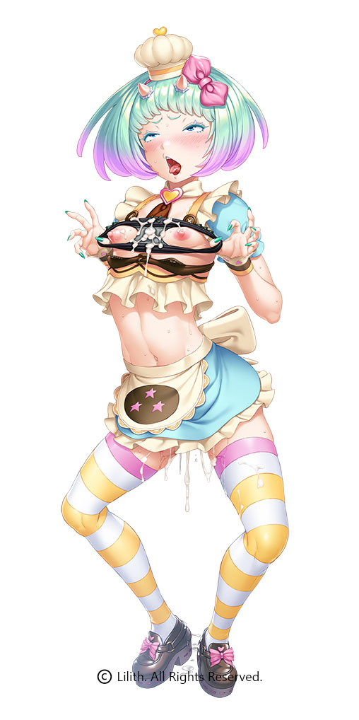 1girl ahegao apron black_panties blue_eyes blue_skirt bow breasts brown_shoes cake chef_hat cum cum_in_clothes cum_in_panties cum_on_clothes cumdrip food gradient_hair green_hair green_nails hair_bow hat holding holding_panties holding_underwear holding_unworn_clothes humiliation knees_apart_feet_together legs_apart lepita_riccistar_(taimanin_series) maid maid_apron midriff mini_chef_hat miniskirt multicolored_hair navel nipples nobushito official_art oni open_mouth panties puffy_nipples puffy_short_sleeves puffy_sleeves purple_hair pussy_juice rolling_eyes short_hair short_sleeves skirt small_breasts solo standing striped_clothes striped_thighhighs taimanin_(series) taimanin_rpgx teeth thighhighs tongue tongue_out two-tone_hair underwear upper_teeth_only white_background yellow_thighhighs