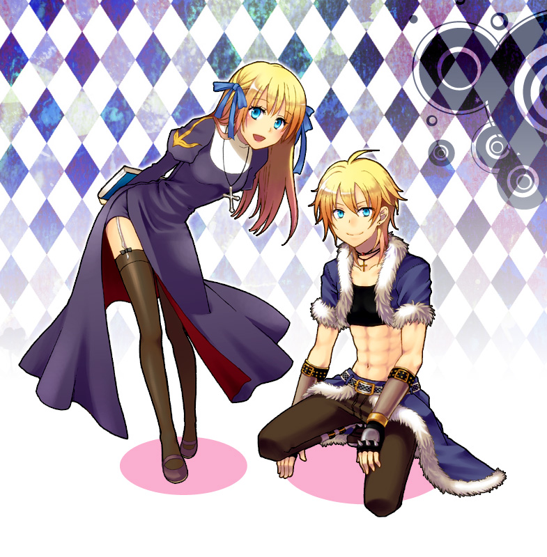 1boy 1girl abs argyle_background argyle_clothes black_footwear black_gloves black_shirt black_thighhighs blonde_hair blue_bow blue_cape blue_eyes blue_jacket blush book bow breasts brown_pants cape closed_mouth commentary_request crop_top cross cross_necklace dress fingerless_gloves full_body fur-trimmed_cape fur-trimmed_jacket fur_trim garter_straps gloves hair_bow holding holding_book jacket jewelry juliet_sleeves leaning_forward long_hair long_sleeves looking_at_viewer medium_breasts necklace open_clothes open_jacket open_mouth pants priest_(ragnarok_online) puffy_sleeves purple_dress ragnarok_online shirt shoes short_hair short_sleeves smile squatting stalker_(ragnarok_online) standing thighhighs tsuki_miso vambraces waist_cape