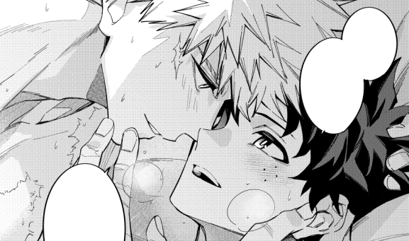 2boys bakugou_katsuki blank_speech_bubble boku_no_hero_academia commentary_request couple eye_contact freckles greyscale hand_in_another&#039;s_hair hegi looking_at_another male_focus midoriya_izuku monochrome multiple_boys open_mouth parted_lips scar scar_on_face short_hair speech_bubble teeth upper_teeth_only yaoi