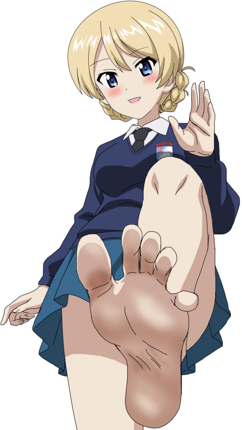 1girl barefoot blonde_hair blue_eyes blush darjeeling_(girls_und_panzer) feet girls_und_panzer highres long_hair looking_at_viewer open_mouth riokasen soles toes