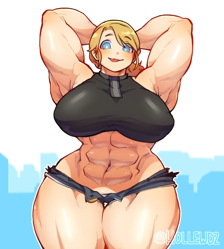 1girl abs arms_behind_head arms_up biceps blonde_hair breasts building cowboy_shot denim denim_shorts hollewdz large_breasts looking_at_viewer muscular muscular_arms muscular_female muscular_legs navel ponytail short_shorts shorts simple_background thighs tongue tongue_out unbuttoned