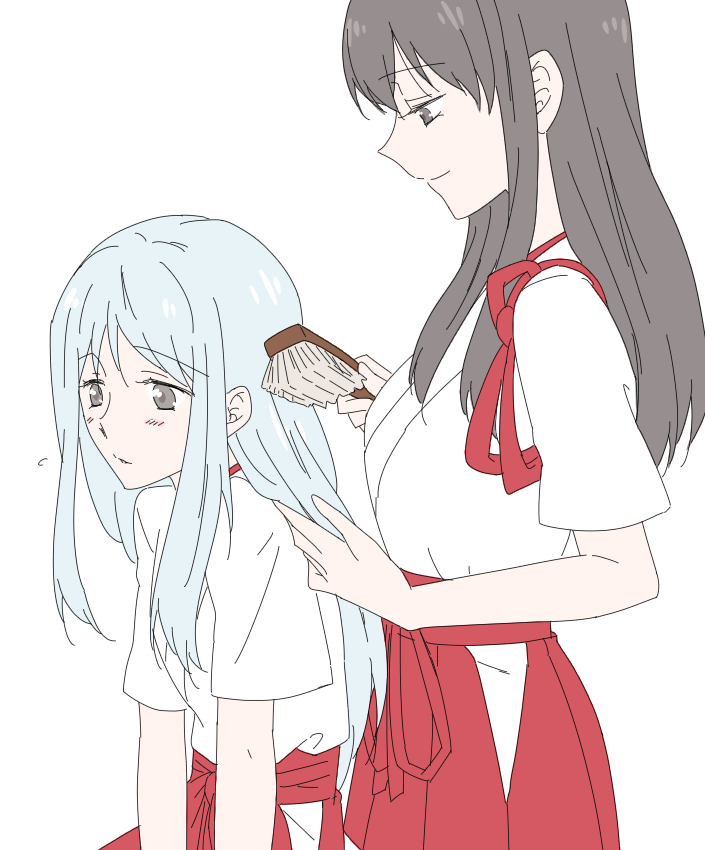 10s 2girls akagi_(kancolle) bad_id bad_pixiv_id brown_eyes brown_hair brushing_hair female_focus hair_brush hakama japanese_clothes kantai_collection long_hair miko multiple_girls no_headwear red_hakama shoukaku_(kancolle) silver_hair simple_background smile udon_(shiratama) white_background