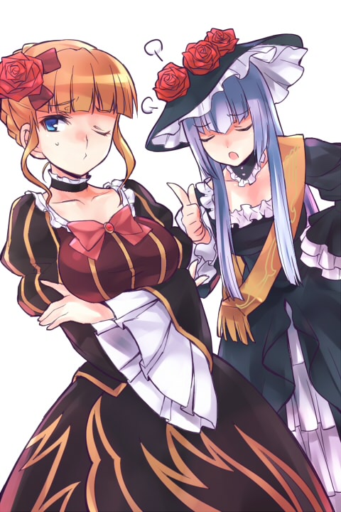 07th_expansion 2girls beatrice_(umineko) blonde_hair blue_eyes bow choker crossed_arms dress closed_eyes flower hair_bun hair_flower hair_ornament hand_on_own_hip hat index_finger_raised long_hair multiple_girls no_naku_koro_ni_(series) one_eye_closed open_mouth pout rose ryuukishi07 sash silver_hair single_hair_bun umineko_no_naku_koro_ni virgilia_(umineko) wanko_(pixiv) wanko_(takohati8) wide_sleeves wink