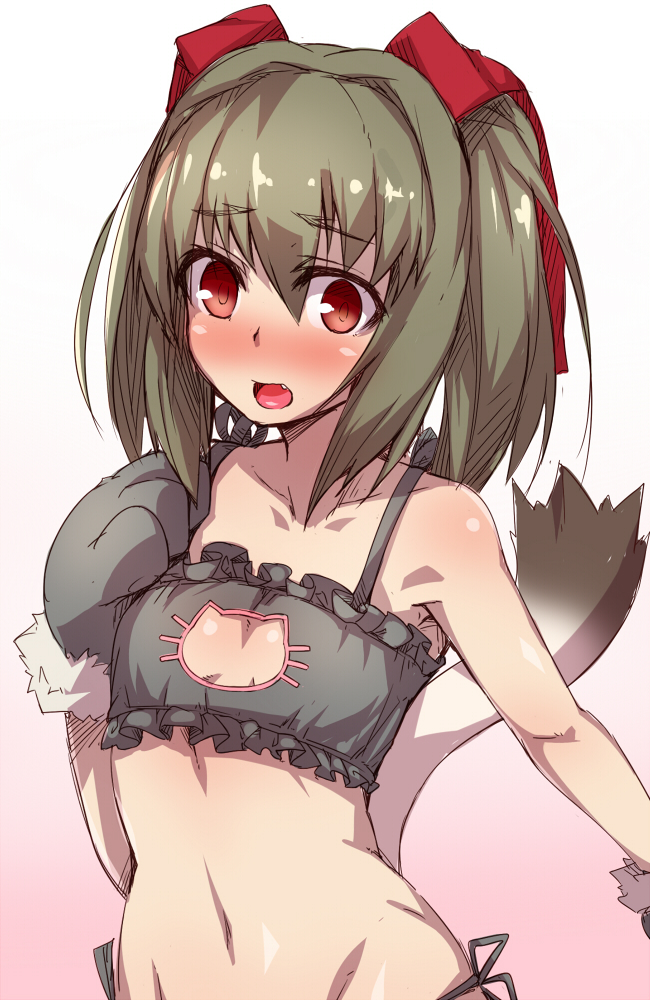 1girl aquaplus arm_up bare_arms bare_shoulders black_bra blush bra breasts brll brown_hair cat_gloves cat_lingerie cleavage cleavage_cutout clothing_cutout collarbone crop_top fang frilled_bra frills gloves hair_between_eyes hair_ribbon hand_on_own_chest long_hair looking_at_viewer meme_attire mittens nekone_(utawarerumono) nose_blush open_mouth raised_eyebrows red_eyes ribbon sidelocks sleeveless small_breasts solo tail teeth toned toned_female tongue twintails underwear underwear_only upper_body utawarerumono utawarerumono:_itsuwari_no_kamen wide-eyed