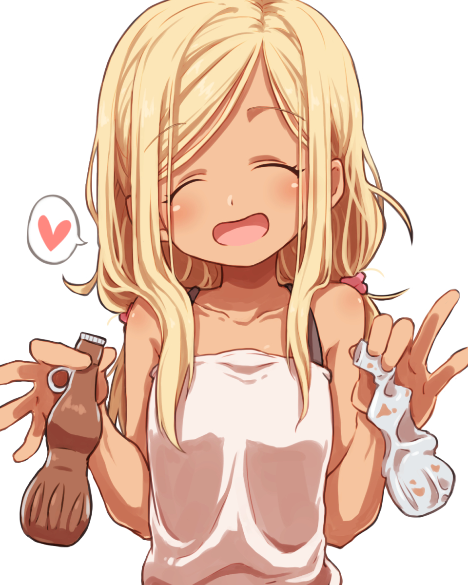 1girl bare_shoulders blonde_hair blush camisole clip_studio_paint_(medium) closed_eyes dark-skinned_female dark_skin facing_viewer food gazacy_(dai) heart highres ice_cream idolmaster idolmaster_cinderella_girls layla_(idolmaster) long_hair open_mouth papico_(ice_cream) smile solo spoken_heart