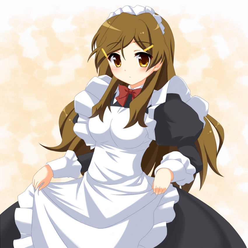 1girl alternate_costume apron apron_lift bad_id bad_pixiv_id borubomu brown_eyes brown_hair clothes_lift dress enmaided long_hair maid maid_apron maid_headdress shinomiya_himawari vividred_operation