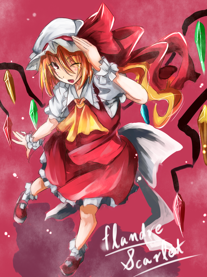 1girl ascot blonde_hair blush_stickers bow character_name female_focus flandre_scarlet hat hat_bow kinsenka one_eye_closed red_eyes solo touhou wings wink